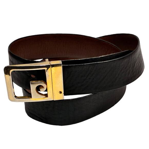 80s Pierre Cardin PC Logo Buckle Leather Belt | Reversible Black Brown Spain main image 12